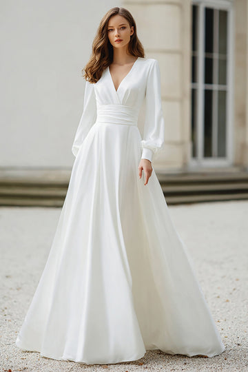 Ivory V-Neck A Line Long Sleeves Wedding Dress